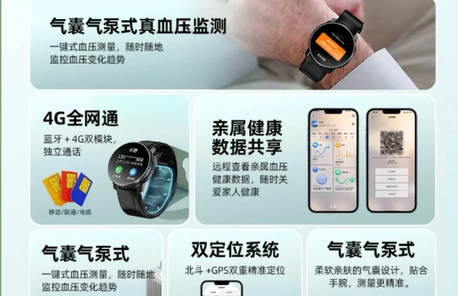 白云山智能高血壓手表VC60智能手表，集成了4G插卡一鍵SOS循環(huán)呼救，全球?qū)崟r查看親人身體參數(shù)